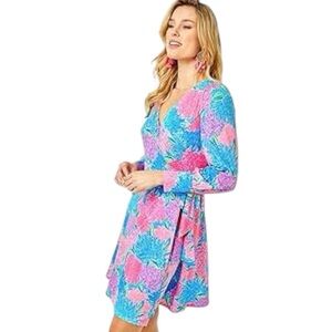Lilly Pulitzer Sz XS Rosalinda Wrap Dress Beach House Blooms Blue Pink